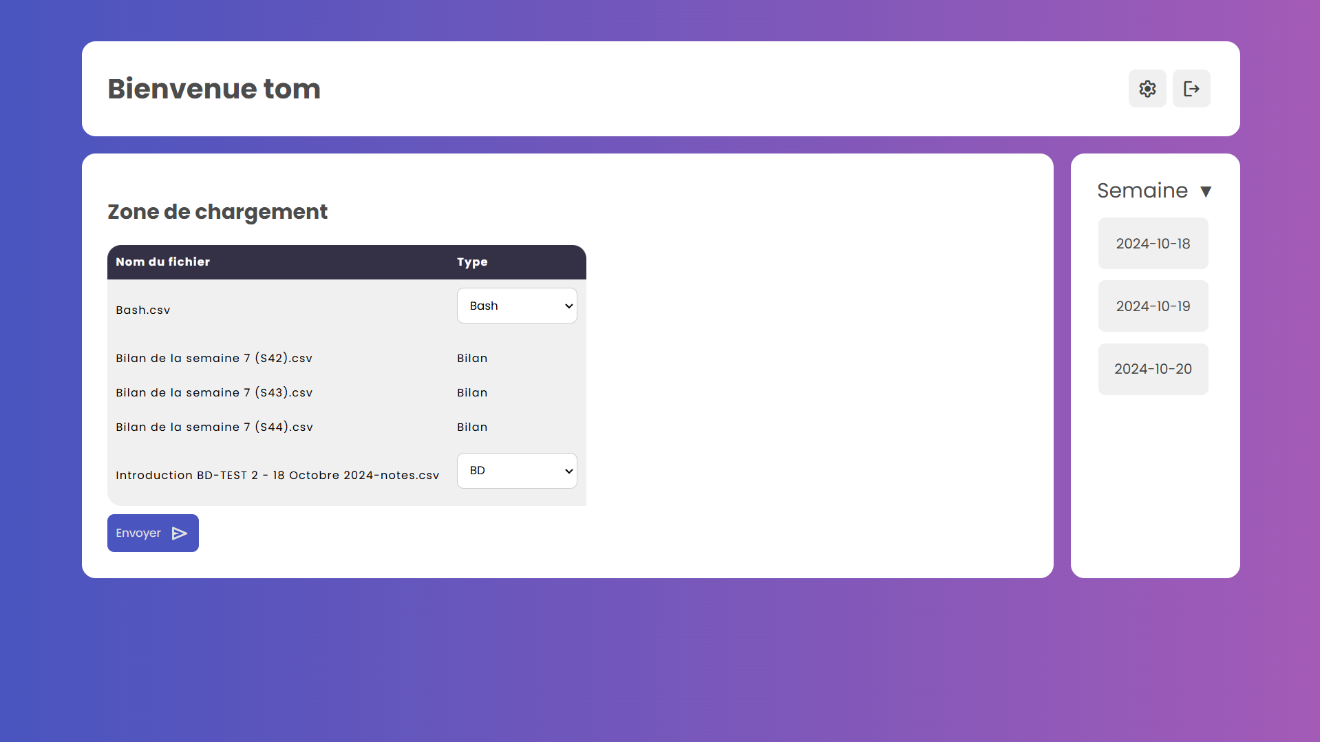 Page d'accueil avec fichiers