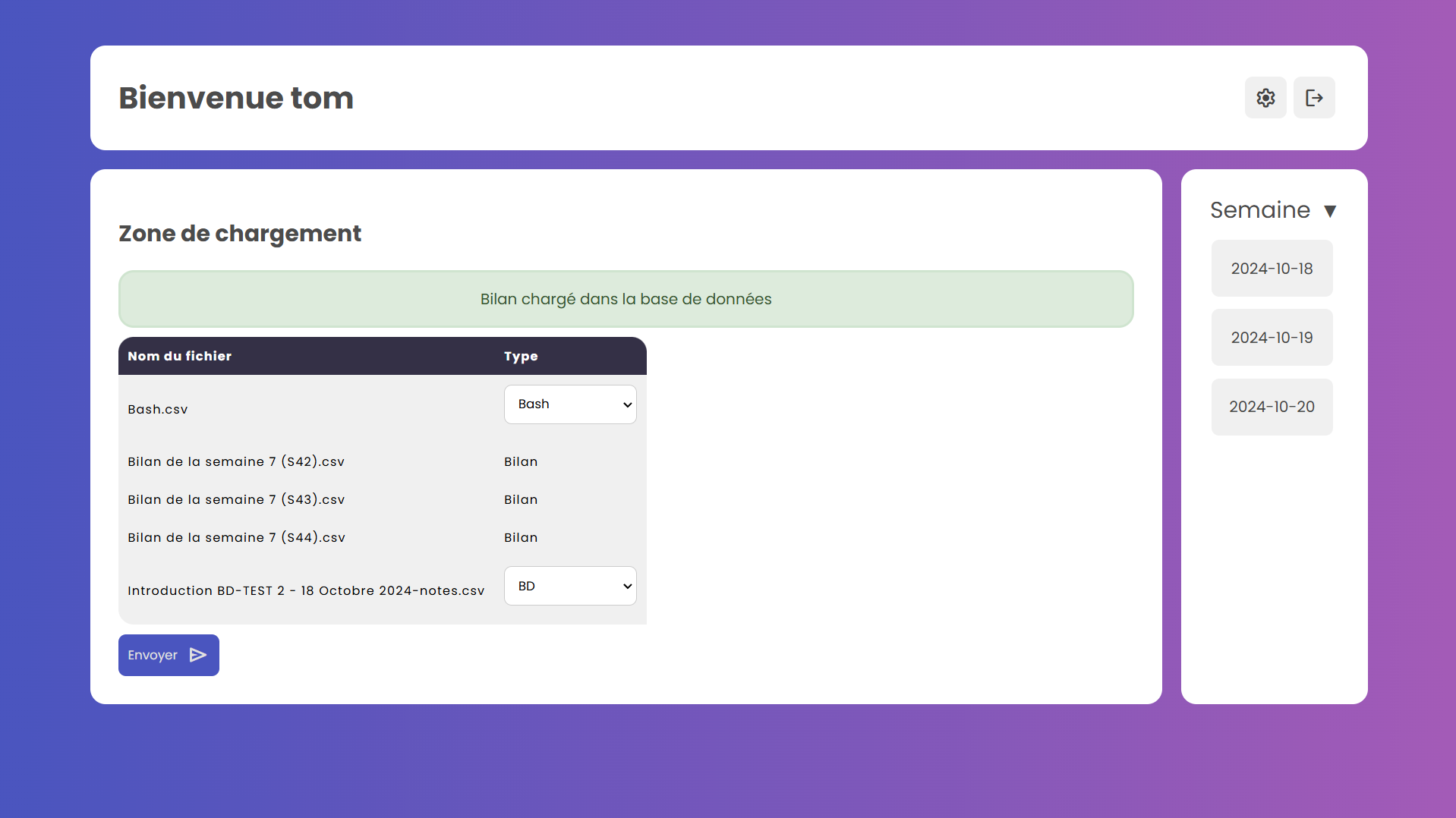 Page d'accueil avec message